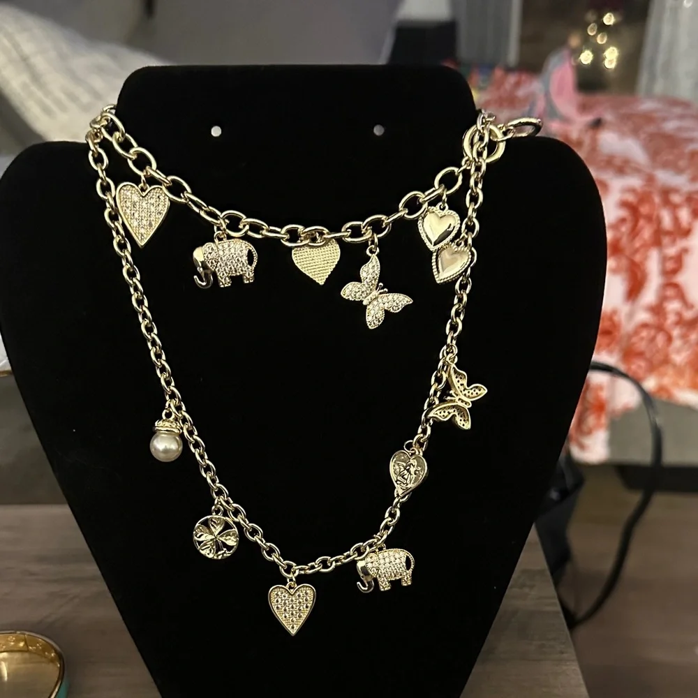Gold Charm Necklace with Heart and Elephant Accents - Picture 1 of 2